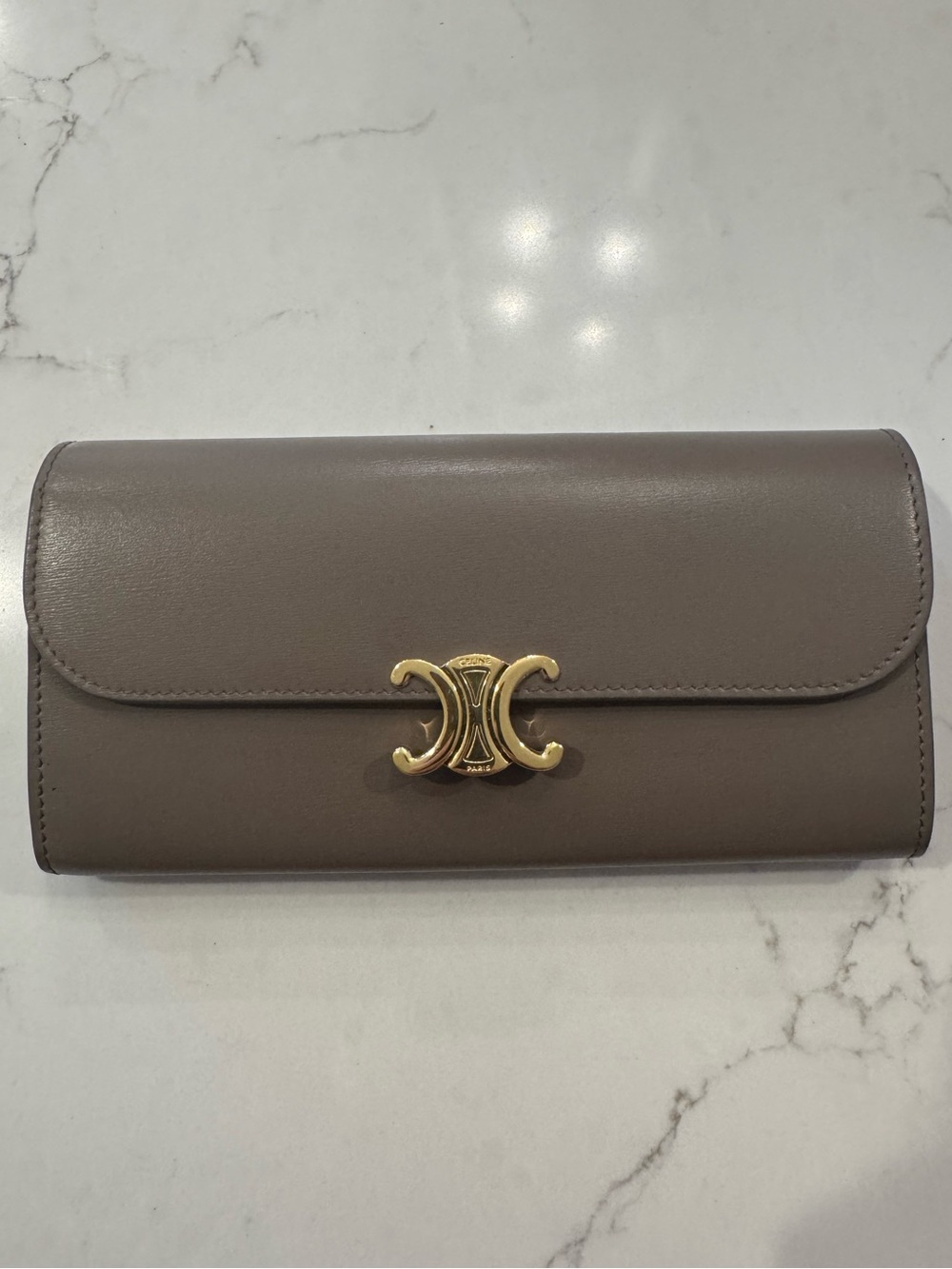 Celine Leather Wallet in Taupe with Gold Triomphe Clasp